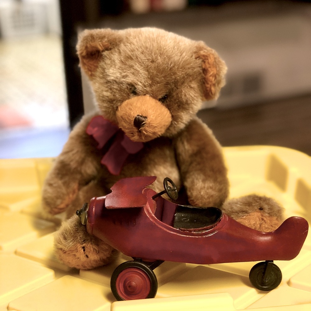 Plush Brown Teddy Bear with Red Toy Airplane - Kids Toys